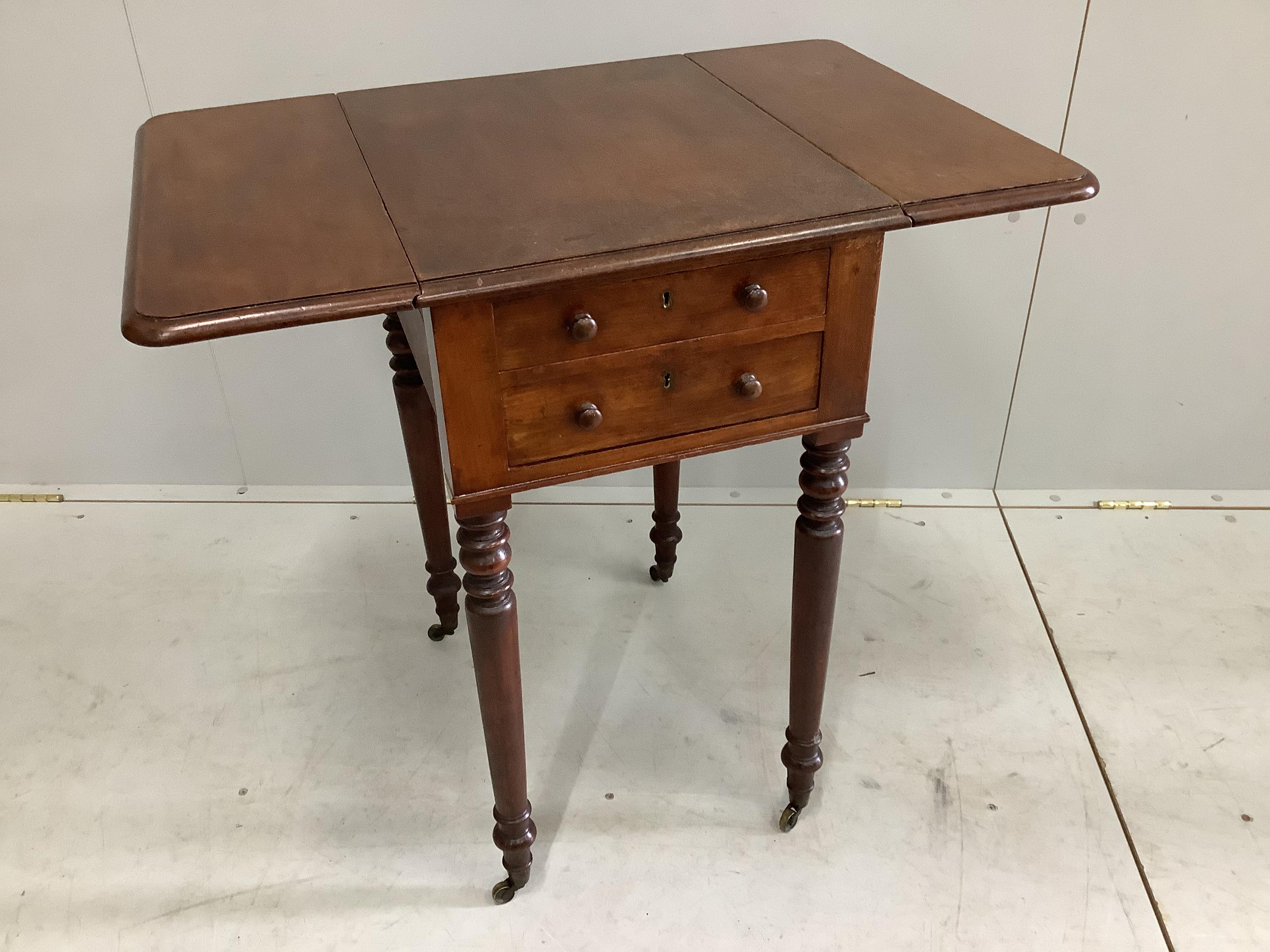 An early Victorian mahogany drop flap work table, width 40cm, depth 50cm, height 74cm (a.f.)